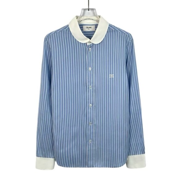 Celine Paris Blue & White Striped Button-Up Shirt With Contrast Collar & Cuffs - Picture 1 of 8
